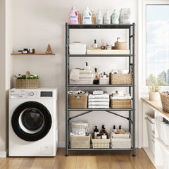 Snhomee 36" W Storage Shelves with Hooks, Heavy Duty Garage Shelving Unit with Leveling Feet, Easy Assembly Shelving Unit for Pantry, Kitchen, Laundry Room