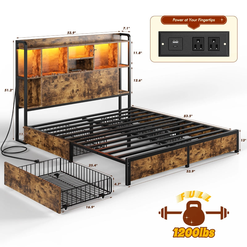 Snhomee Storage Bed Frame with LED Headboard & USB Charging, Platform Bed with 4 Storage Drawer, 1200lbs Capacity, Noiseless Metal Frame