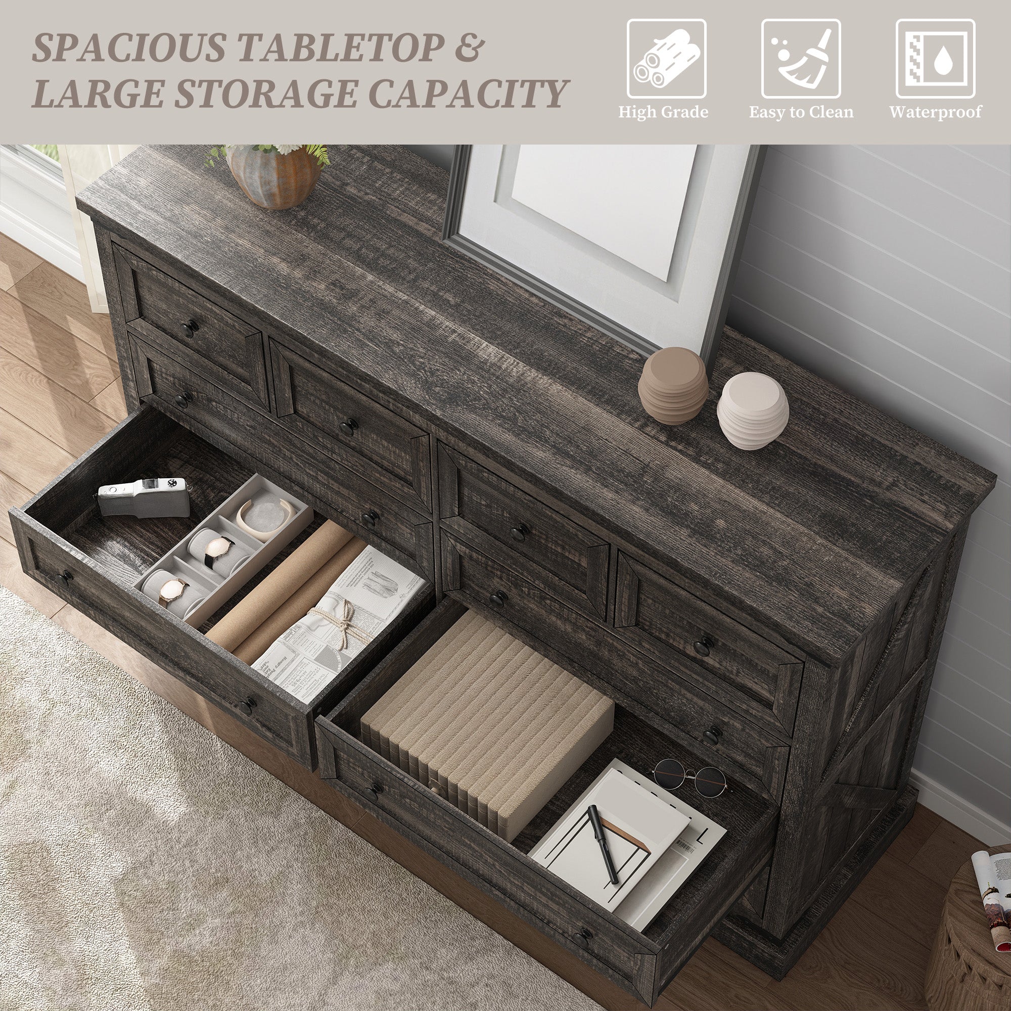 10-Drawer Farmhouse Dresser with Metal Rails - 55" Wide Bedroom Storage & TV Stand, 36"H x 15"D-White-snhomee