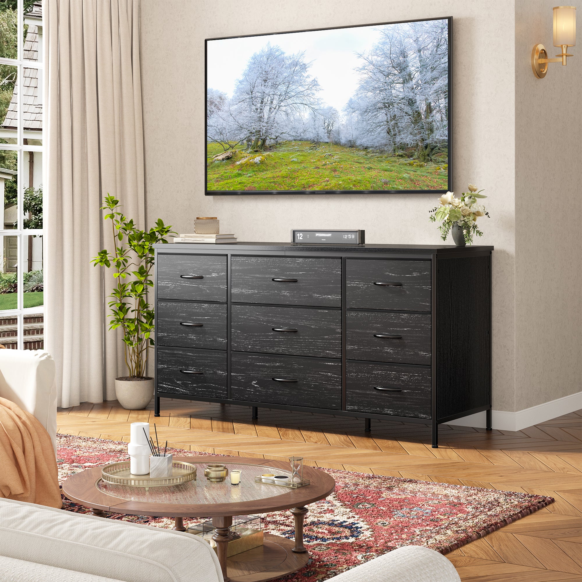 Snhomee Dresser TV Stand with 9 Drawers, Sturdy Metal Frame & Wood Top, Bedroom, Living Room, Hallway, Dorm room essentials, Back to school TV Stand Drawers