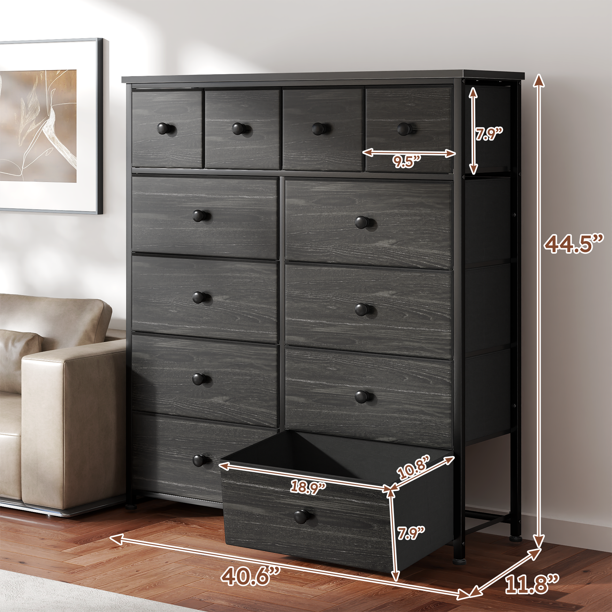 Snhomee 12-Drawer Tall Dresser for Bedroom  - Fabric & Metal Storage Organizer with Wood Top, Anti-Tip Design, Space-Saving, Closet, Entryway, Dorm Furniture, Back to school