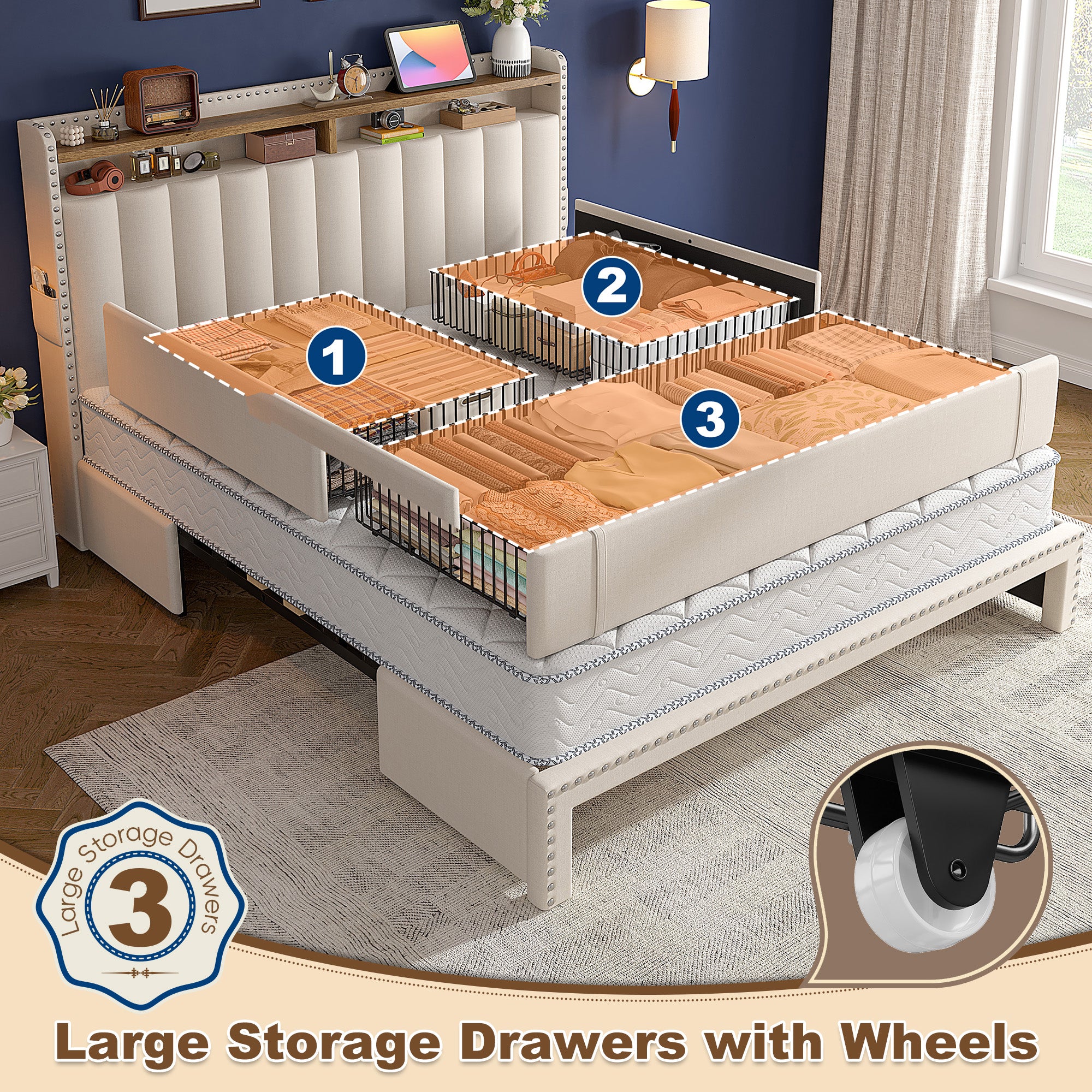 Snhomee Heavy Duty Platform Bed Frame with Storage Drawers - Silent 1200LB Capacity, No Box Spring Needed, Upholstered Headboard