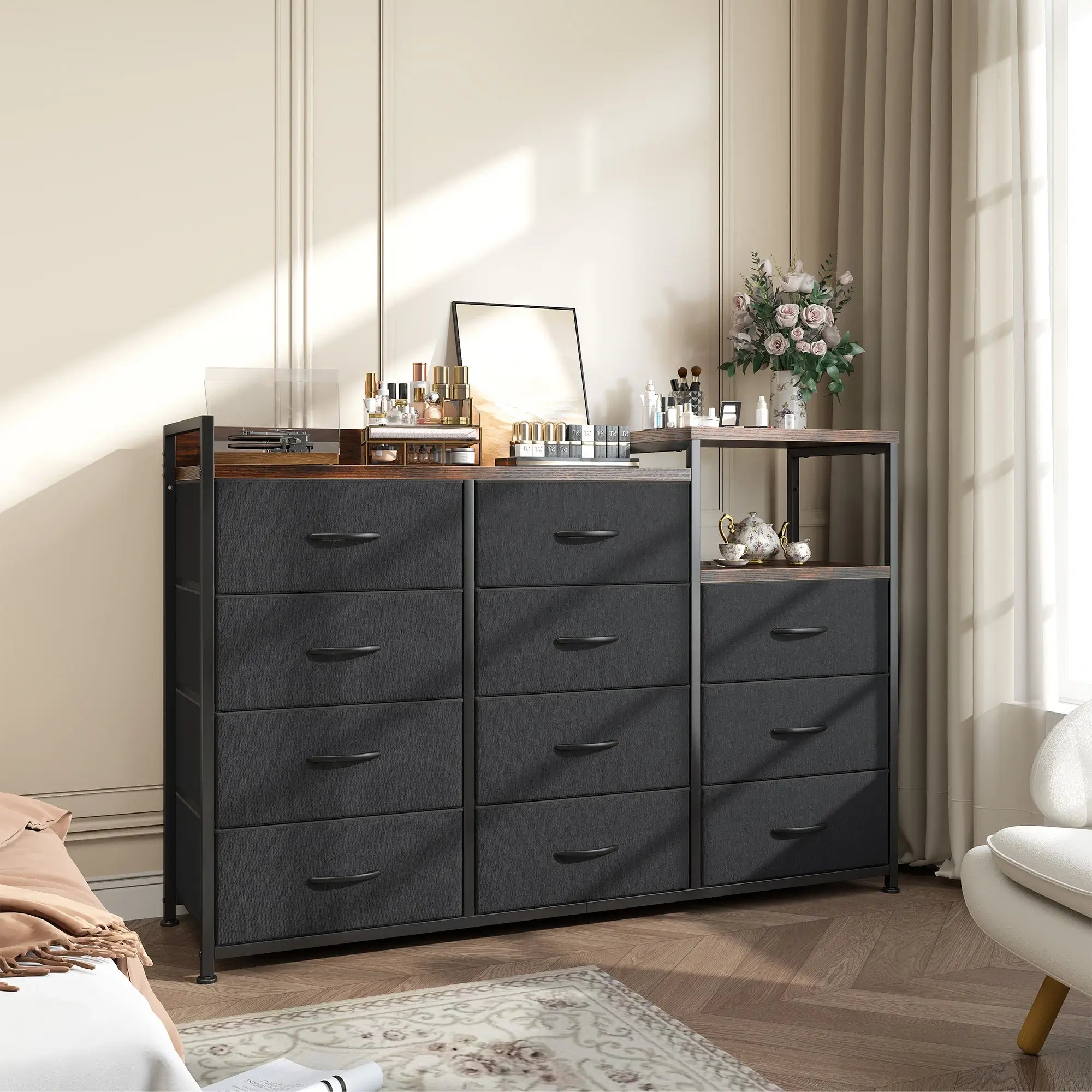 Snhomee 11-Drawer Dresser with Shelves – Wide Bedroom Storage Cabinet & TV Stand with Wood Top and Metal Frame