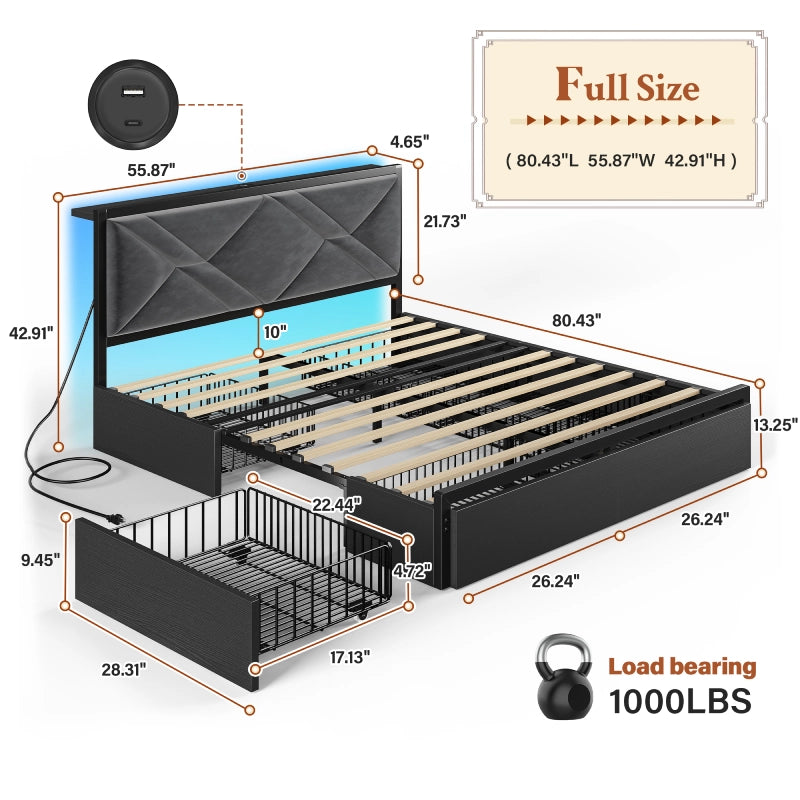 Bed Frame with Bed Frame with  and 6 Storage Drawers, Bed Frame with Upholstered Headboard Built in Charging Station,Noise-Free,Easy Assembly