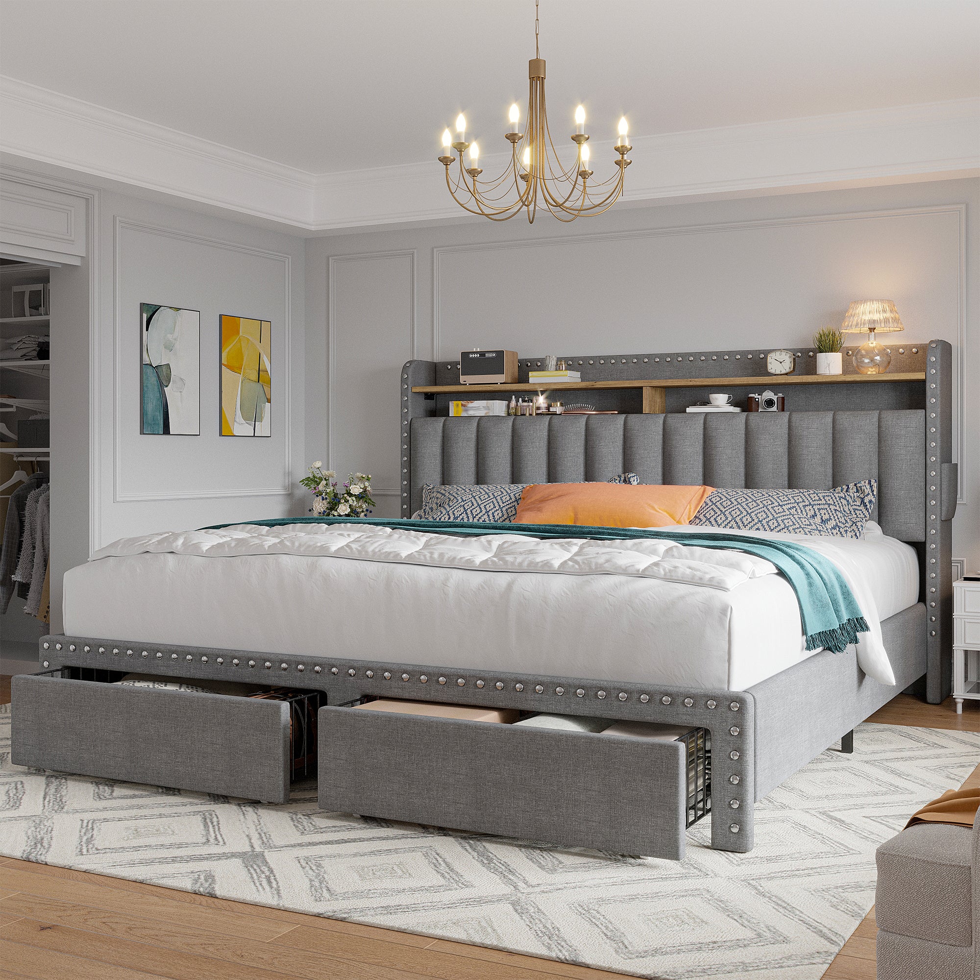 Metal Bed Frame with 2 Storage Drawers & Headboard - 900LBS Capacity, No Noise Design, Padded Platform, No Box Spring Needed, Back to School Beds On Sale