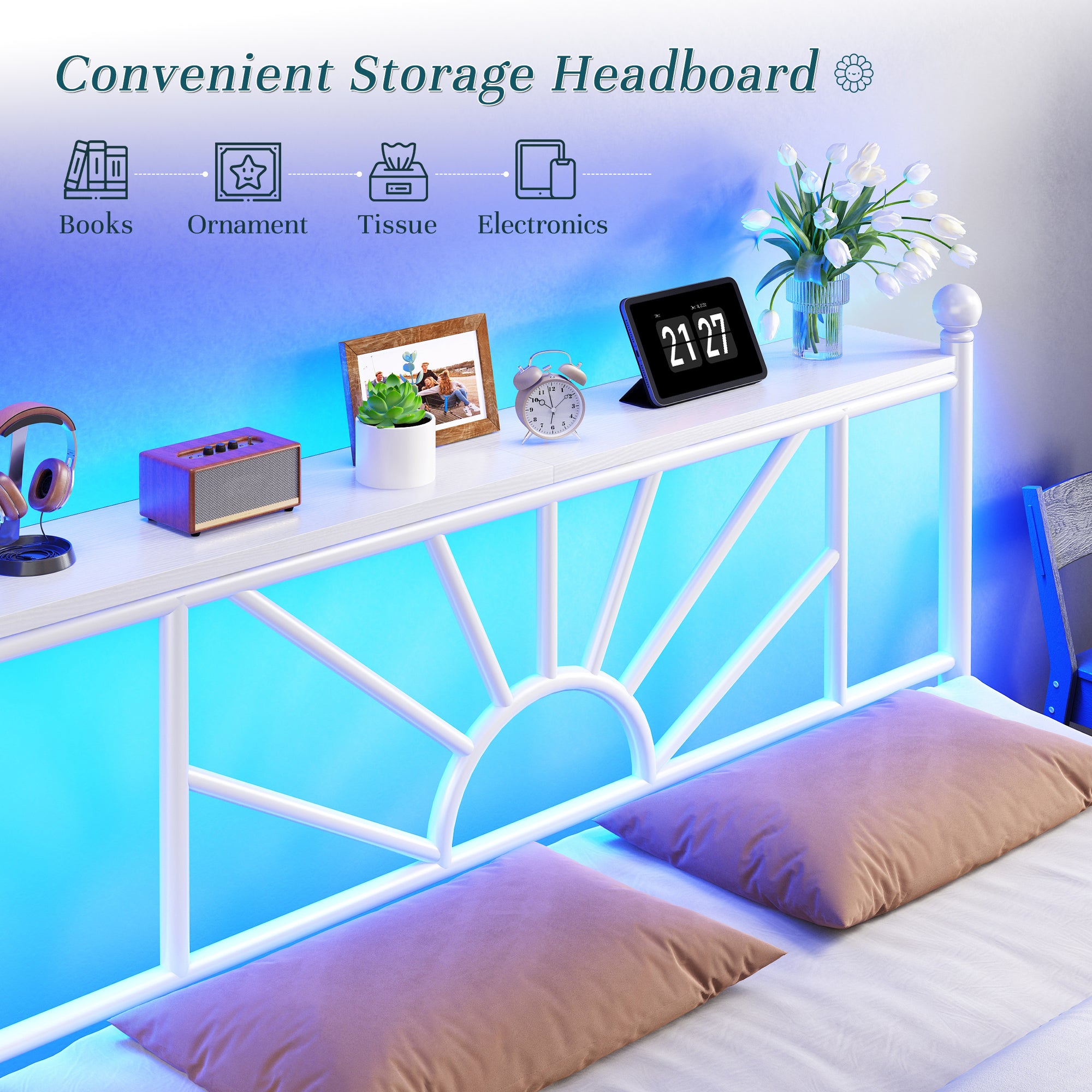 Snhomee Metal Bed Frame with LED Lights Under Headboard&Footboard - 1300LBS Capacity, Underbed Storage, No Box Spring Needed, Noise-Free Design, Back to School Beds Best Choice