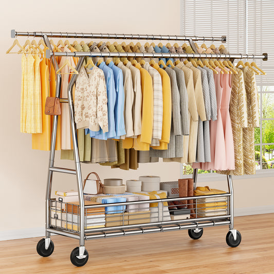 Snhomee 350 lbs Heavy Duty Adjustable, Rolling Garment Rack with Shelves, 70"H  Space-Saving Commercial Clothing Rack for Bedroom, Closet, Laundry, Commercial