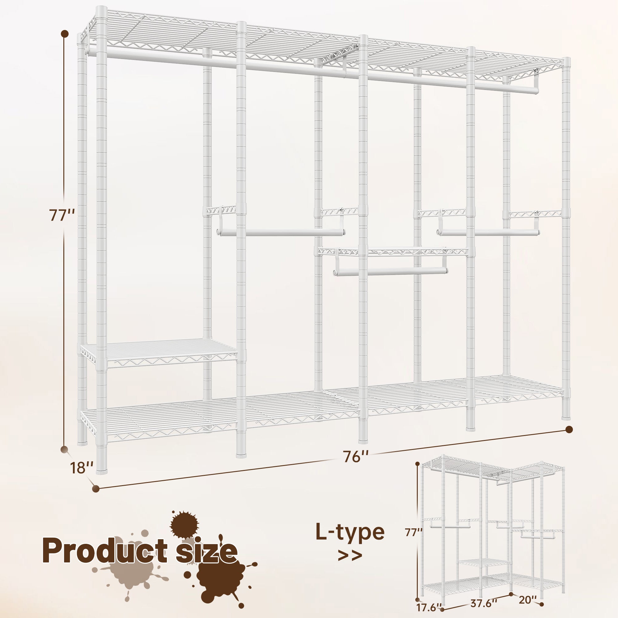 Snhomee 77"H 1150LBS Heavy Duty Clothes Rack With Shelves ,Adjustable Closet Organizer Hanging, Commercial-Grade Metal Frame, Multi-Configurable for Closet/Dorm