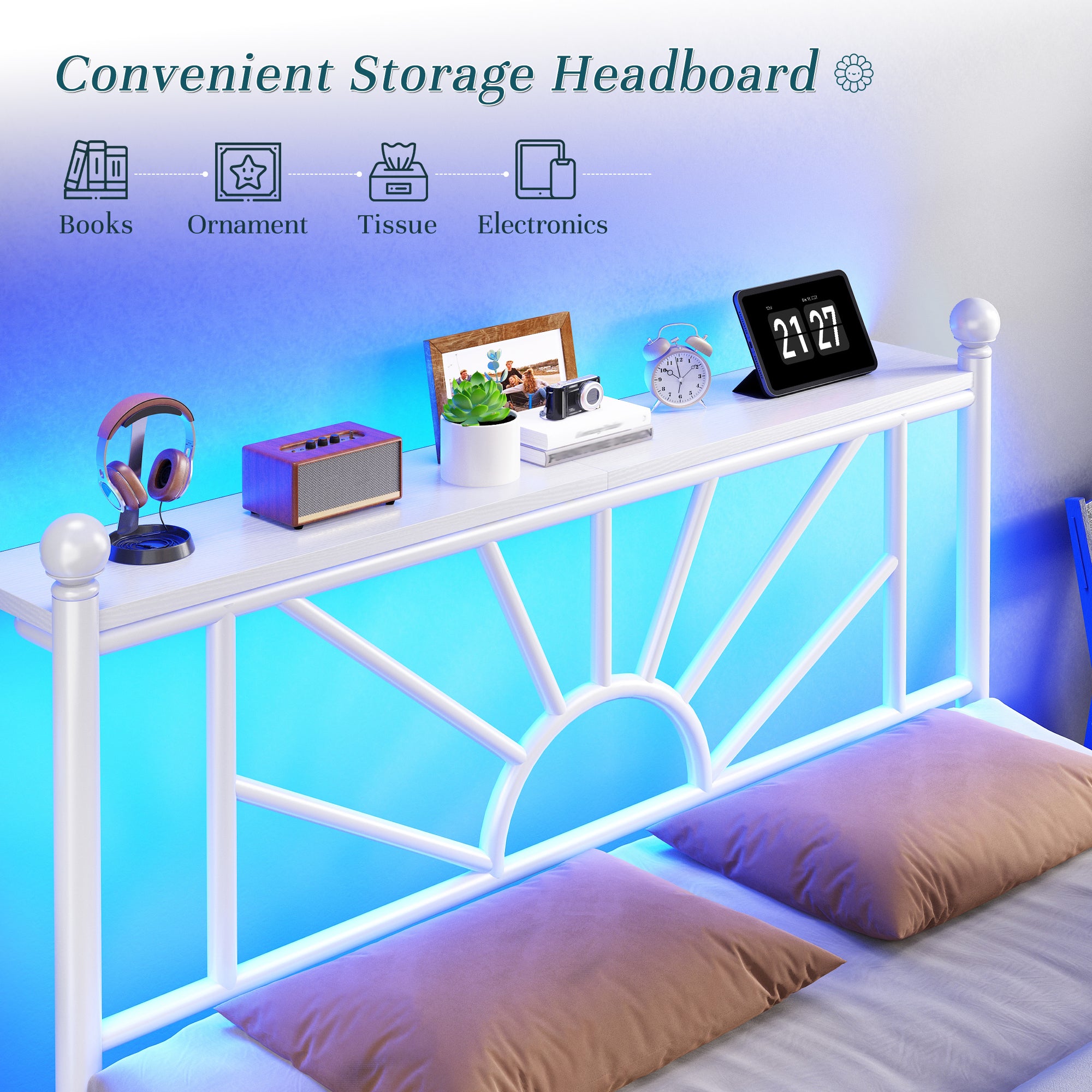 Snhomee Metal Bed Frame with LED Lights Under Headboard&Footboard - 1300LBS Capacity, Underbed Storage, No Box Spring Needed, Noise-Free Design, Back to School Beds Best Choice