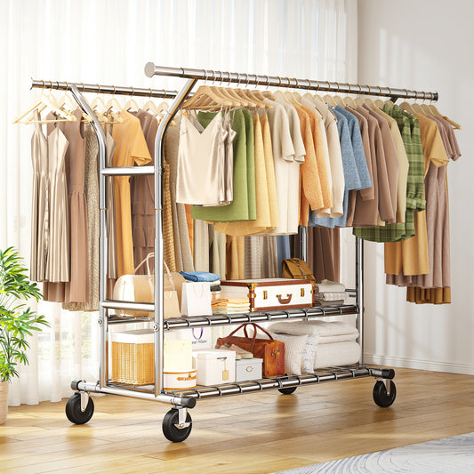 74"W Clothing Rack with Wheels, Heavy-Duty Steel Frame with Shelves, No-Wobble Design, Quick Assembly
