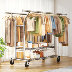 74"W Clothing Rack with Wheels, Heavy-Duty Steel Frame with Shelves, No-Wobble Design, Quick Assembly