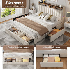 Snhomee Heavy Duty Platform Bed Frame with Storage Drawers - Silent 1200LB Capacity, No Box Spring Needed, Upholstered Headboard