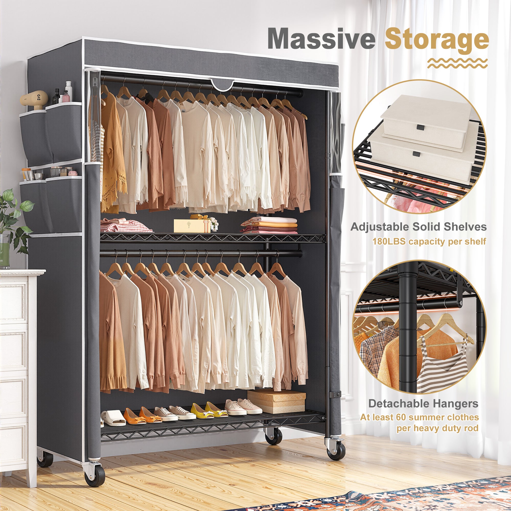 Snhomee 445LBS Heavy Duty Clothing Rack with Wheels Cloth Rack with Cover