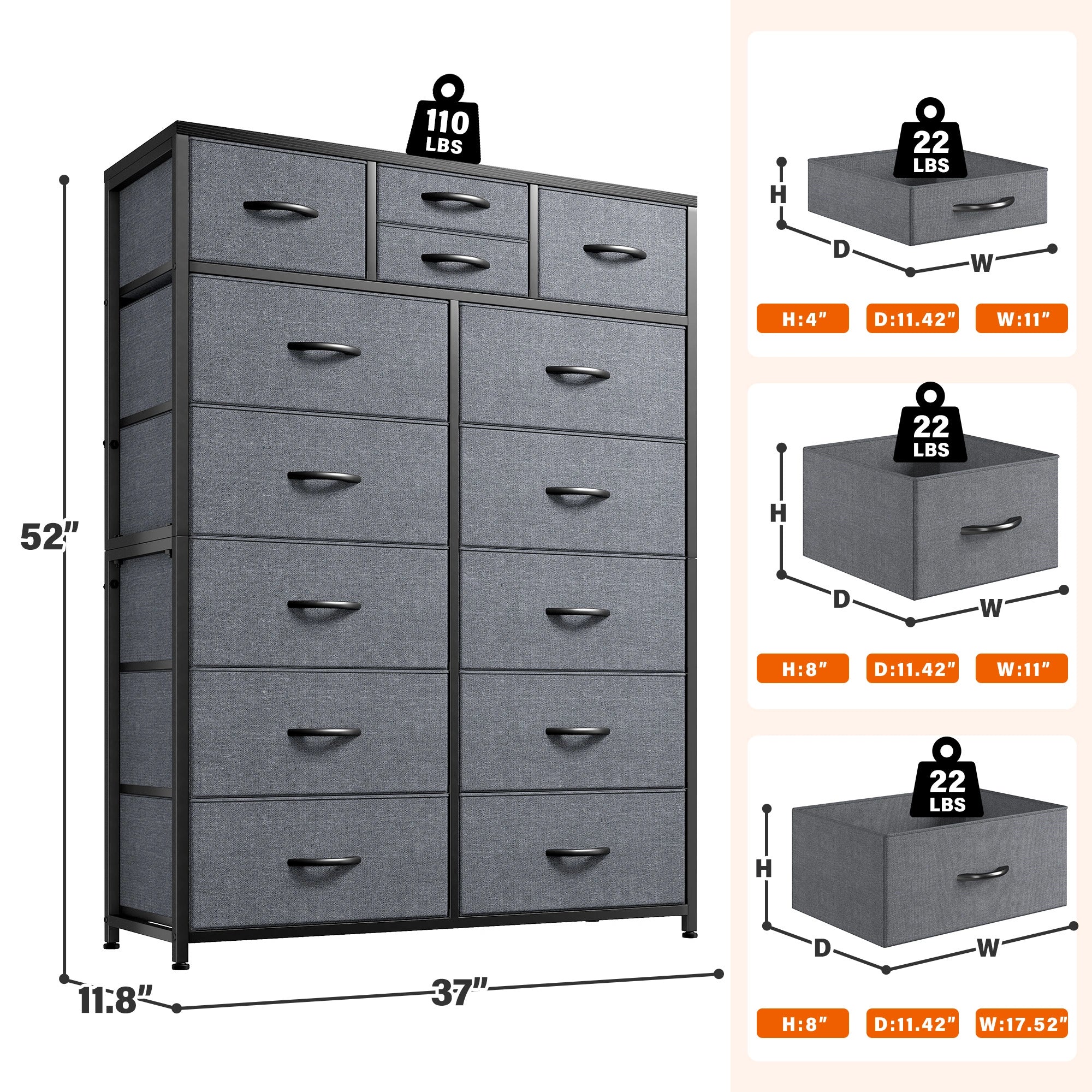 Snhomee Dresser for Bedroom with 14 Drawers, Tall Dressers for Bedroom,  Sturdy Metal Frame & Wood, Top Large Fabric Chest of Drawers, Closet, Livingroom