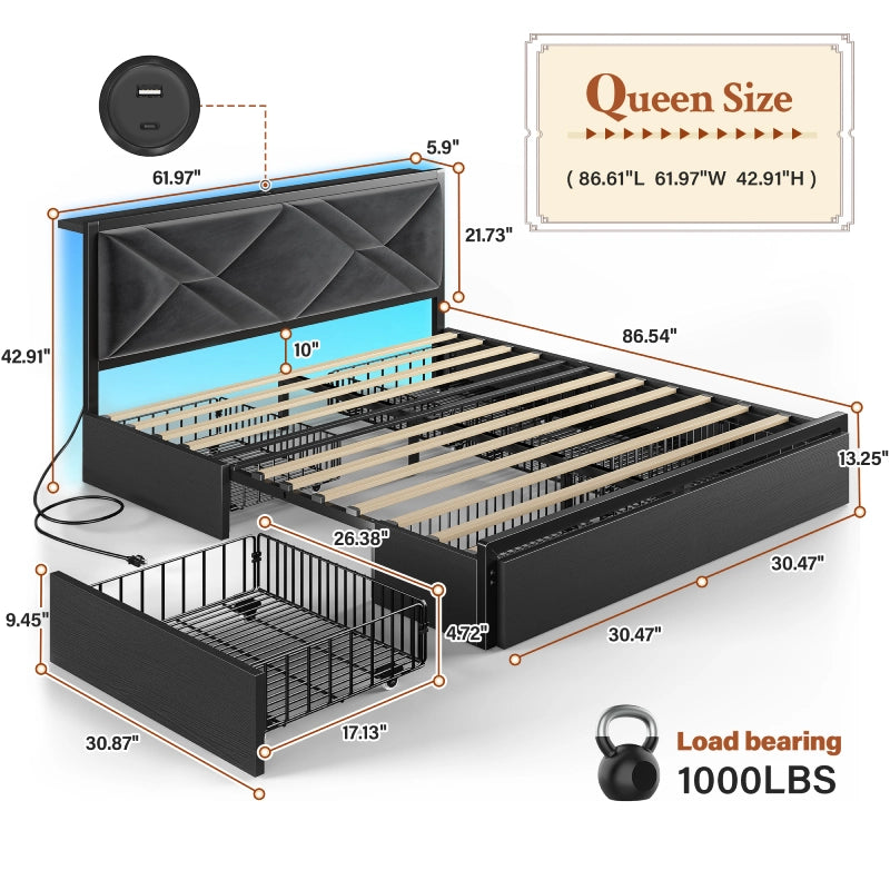 Bed Frame with Bed Frame with  and 6 Storage Drawers, Bed Frame with Upholstered Headboard Built in Charging Station,Noise-Free,Easy Assembly