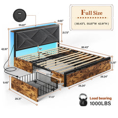 Bed Frame with Bed Frame with  and 6 Storage Drawers, Bed Frame with Upholstered Headboard Built in Charging Station,Noise-Free,Easy Assembly