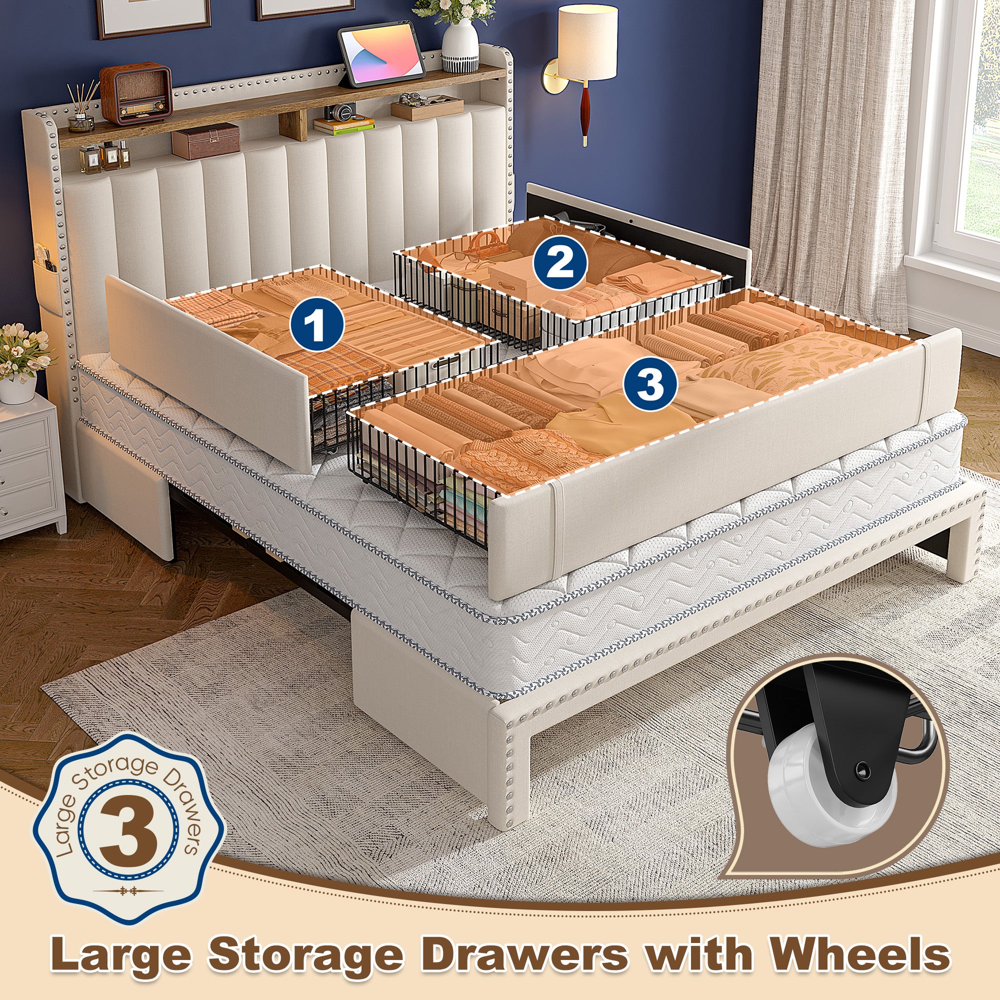 Snhomee Heavy Duty Platform Bed Frame with Storage Drawers - Silent 1200LB Capacity, No Box Spring Needed, Upholstered Headboard
