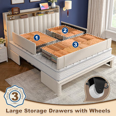 Snhomee Heavy Duty Platform Bed Frame with Storage Drawers - Silent 1200LB Capacity, No Box Spring Needed, Upholstered Headboard