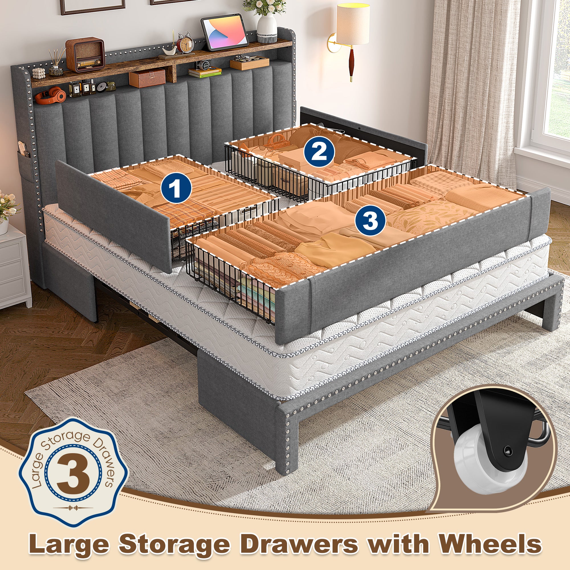 Snhomee Heavy Duty Platform Bed Frame with Storage Drawers - Silent 1200LB Capacity, No Box Spring Needed, Upholstered Headboard