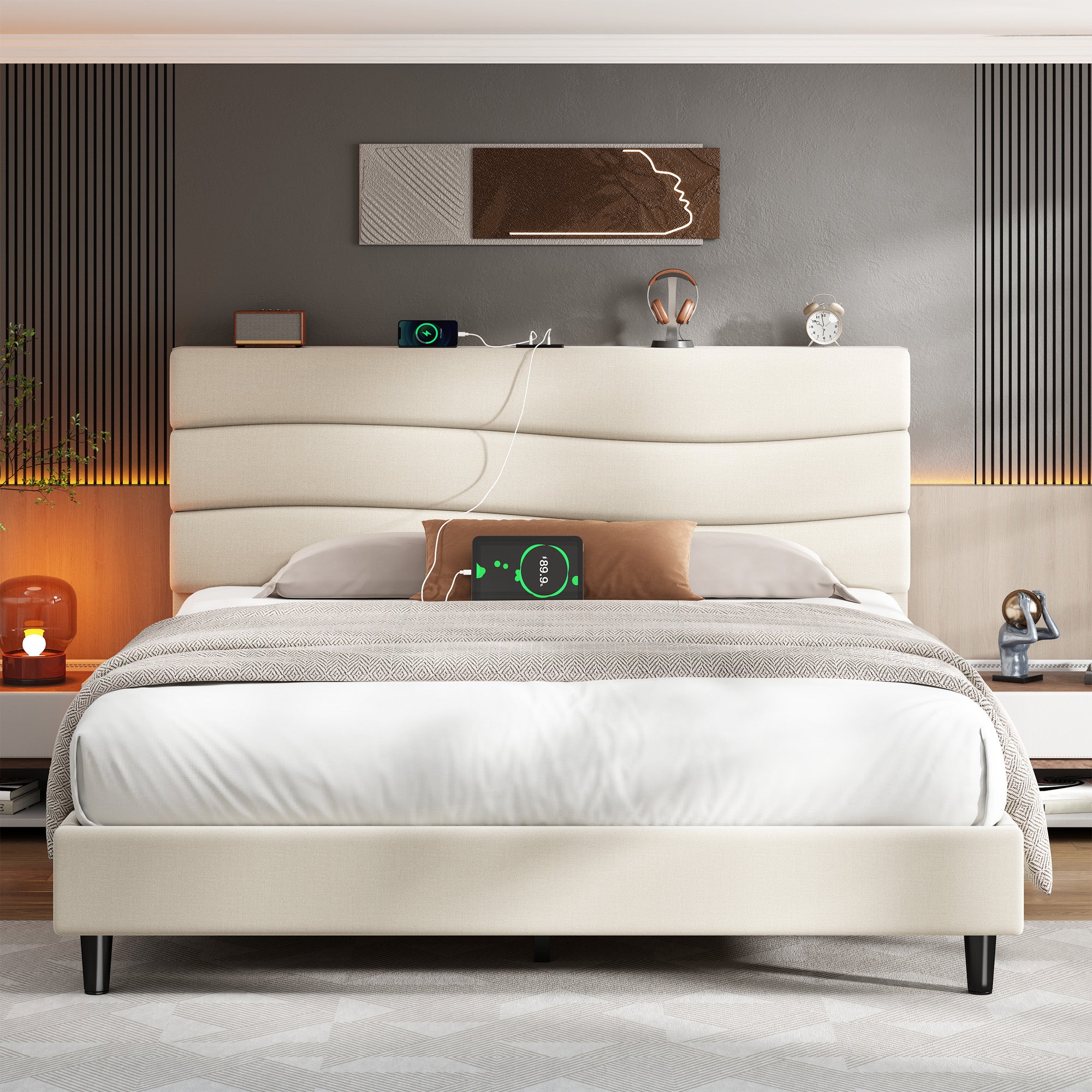 SnHomee Upholstered Bed Frame with Storage Headboard & Charging Station - USB Ports, Adjustable Fabric Headboard, Noise-Free Design, No Box Spring Needed, Back to School Beds On Sale