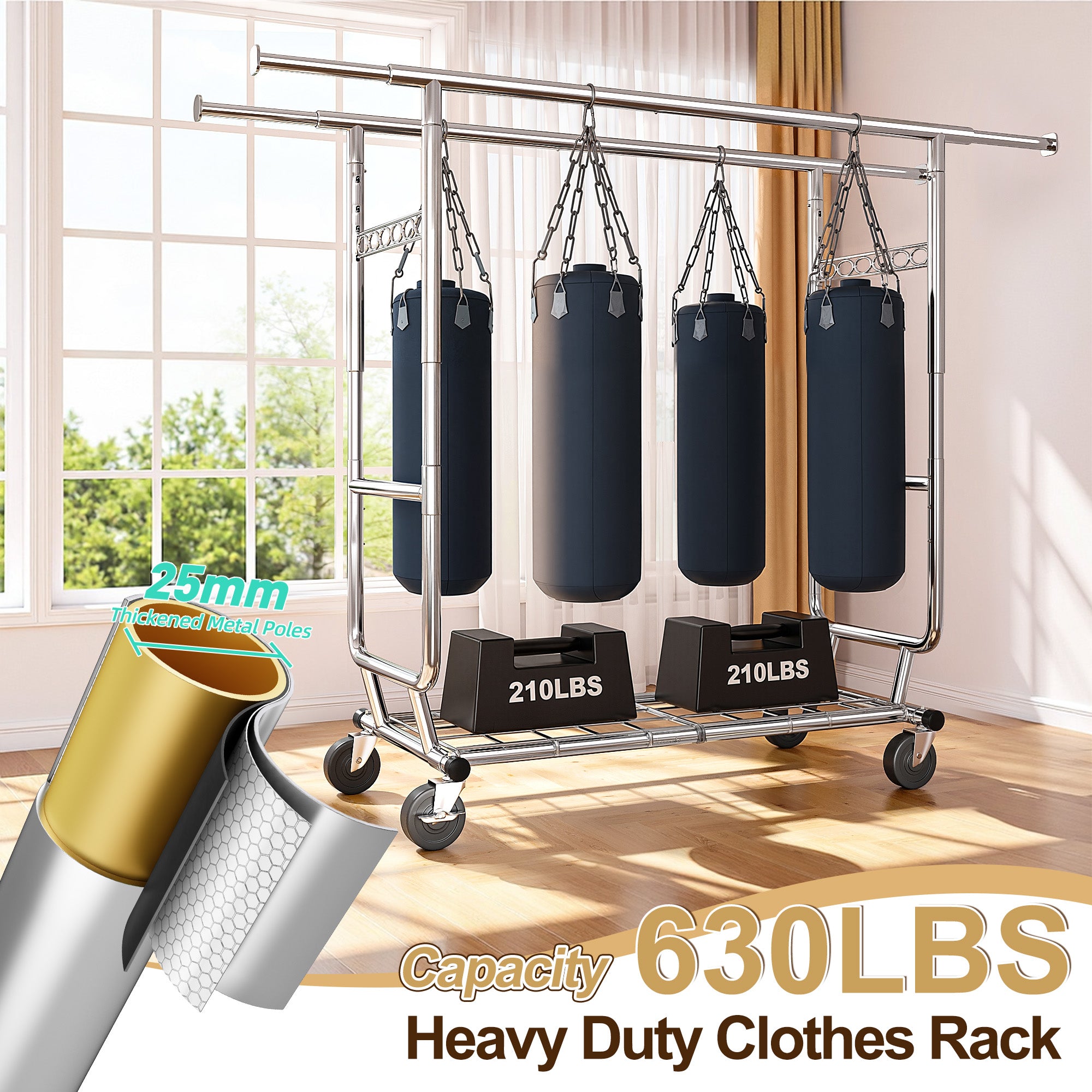 Snhomee Rolling Clothes Rack with Wheels 630LBS Heavy Duty Metal Clothes Rack for Hanging-Home Storage > Clothes Rack-(51"-75”)W x 22"D x (58"-68")H-snhomee