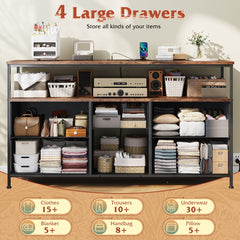 50" LED TV Stand with 5 Drawers & Outlets | Metal Dresser for Bedroom/Living Room-Rustic Brown-snhomee