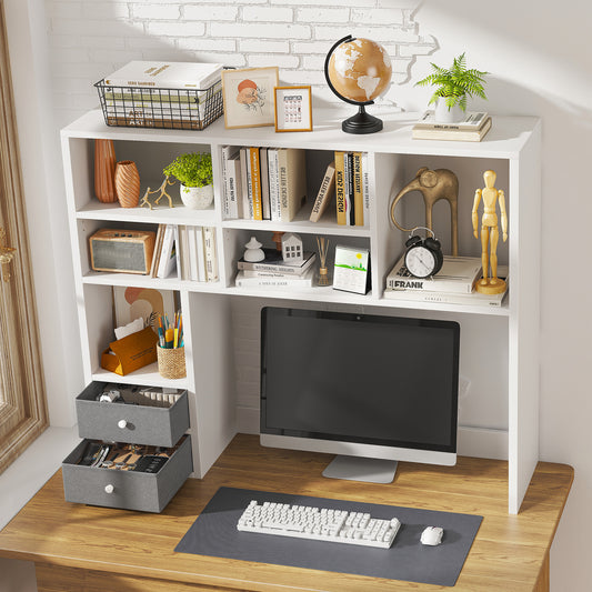 Snhomee 8-Shelf Desktop Organizer with 2 Drawers - 37" Wide Adjustable Bookshelf for Home Office & Dorm, Fits 27" Monitor (White)" 2000