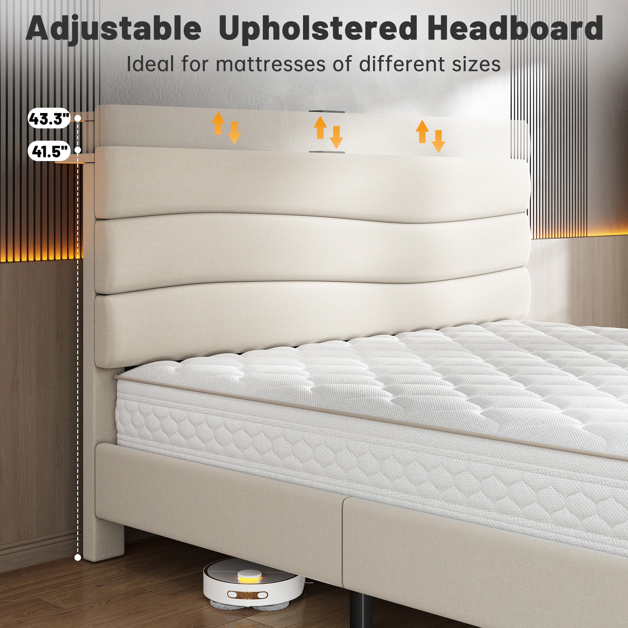 SnHomee Upholstered Bed Frame with Storage Headboard & Charging Station - USB Ports, Adjustable Fabric Headboard, Noise-Free Design, No Box Spring Needed, Back to School Beds On Sale