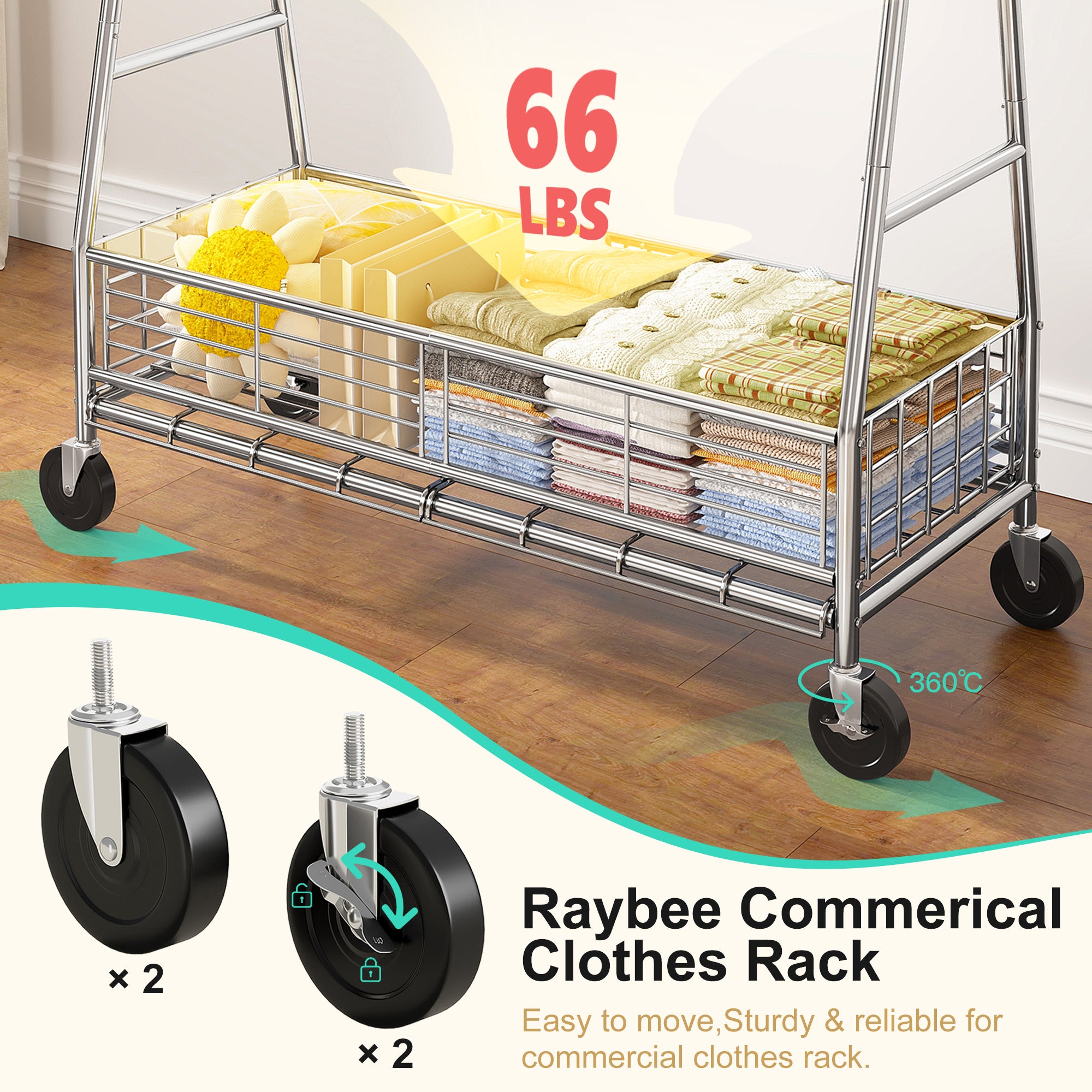 625lb Heavy Duty Commercial Clothing Rack - Rolling Steel Garment Rack with Shelves-Home Storage > Clothes Rack-(64-70)" H x (42.2-65.4)" W x 23" D-snhomee