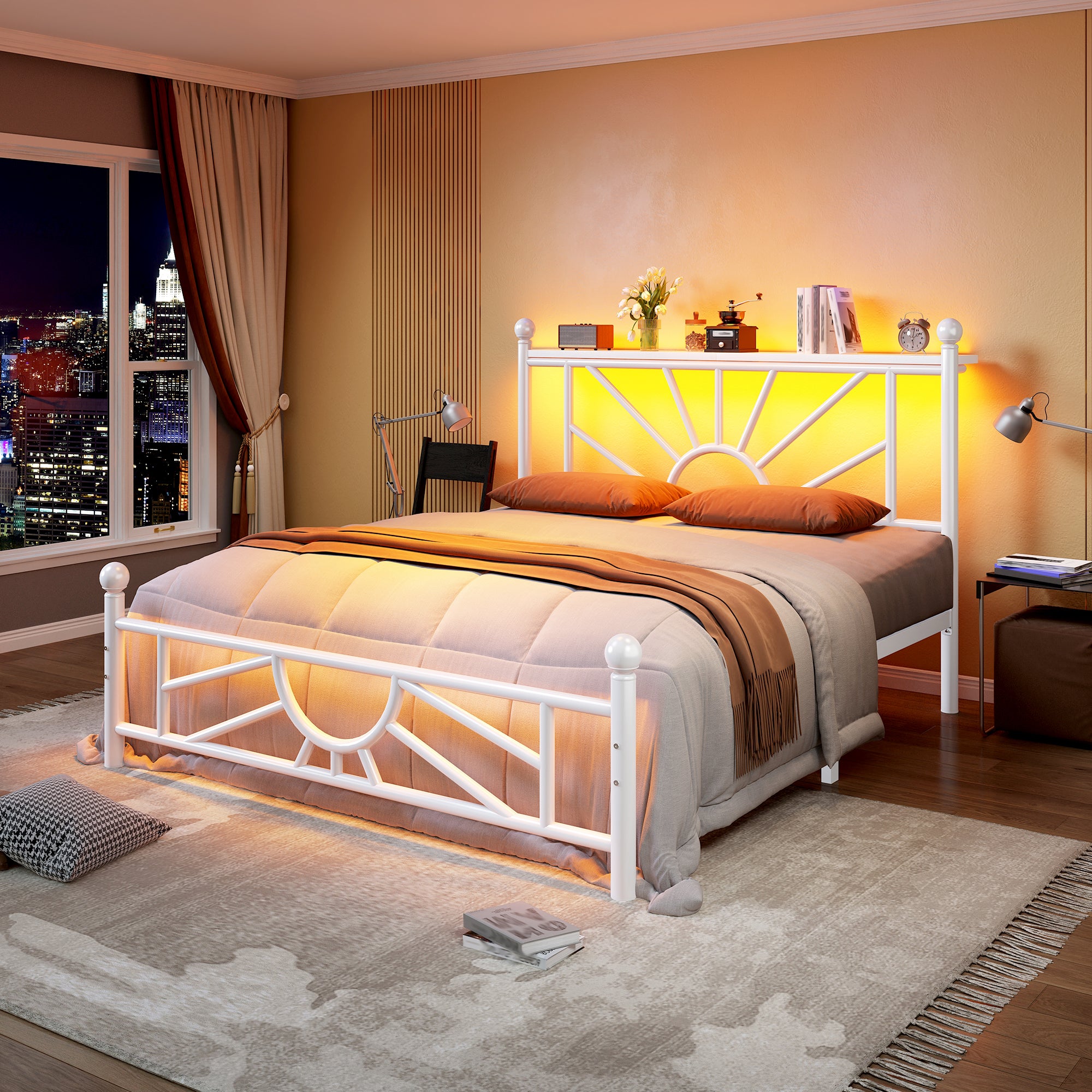 Snhomee Metal Bed Frame with LED Lights Under Headboard&Footboard - 1300LBS Capacity, Underbed Storage, No Box Spring Needed, Noise-Free Design, Back to School Beds Best Choice
