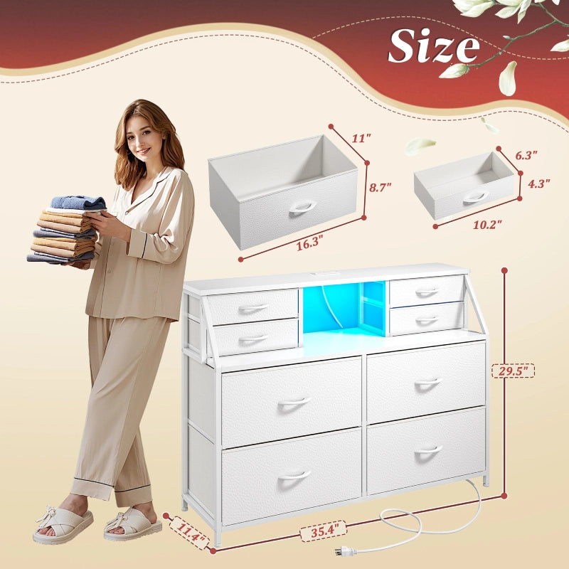 Snhomee 8-Drawer Dresser with LED Lights and Built-in Charging Station, Durable Storage Chest with Open Shelves for Bedroom, Living Room, or Hallway