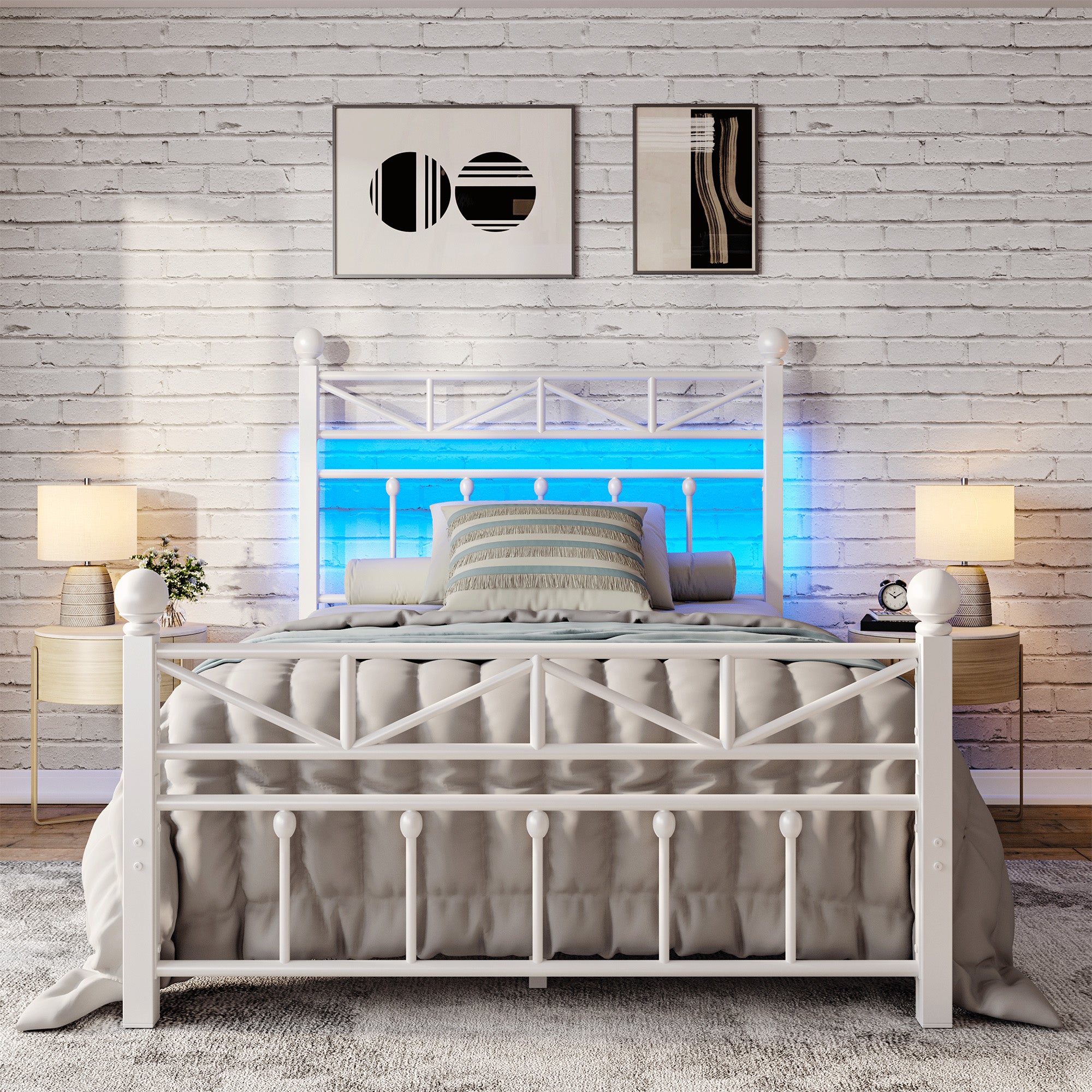 LED Metal Bed Frame with Tall Headboard & Footboard, Vintage Industrial Bed, Under Bed Storage & No Box Spring Needed, Noise-Free Design for Modern & Farmhouse Bedrooms