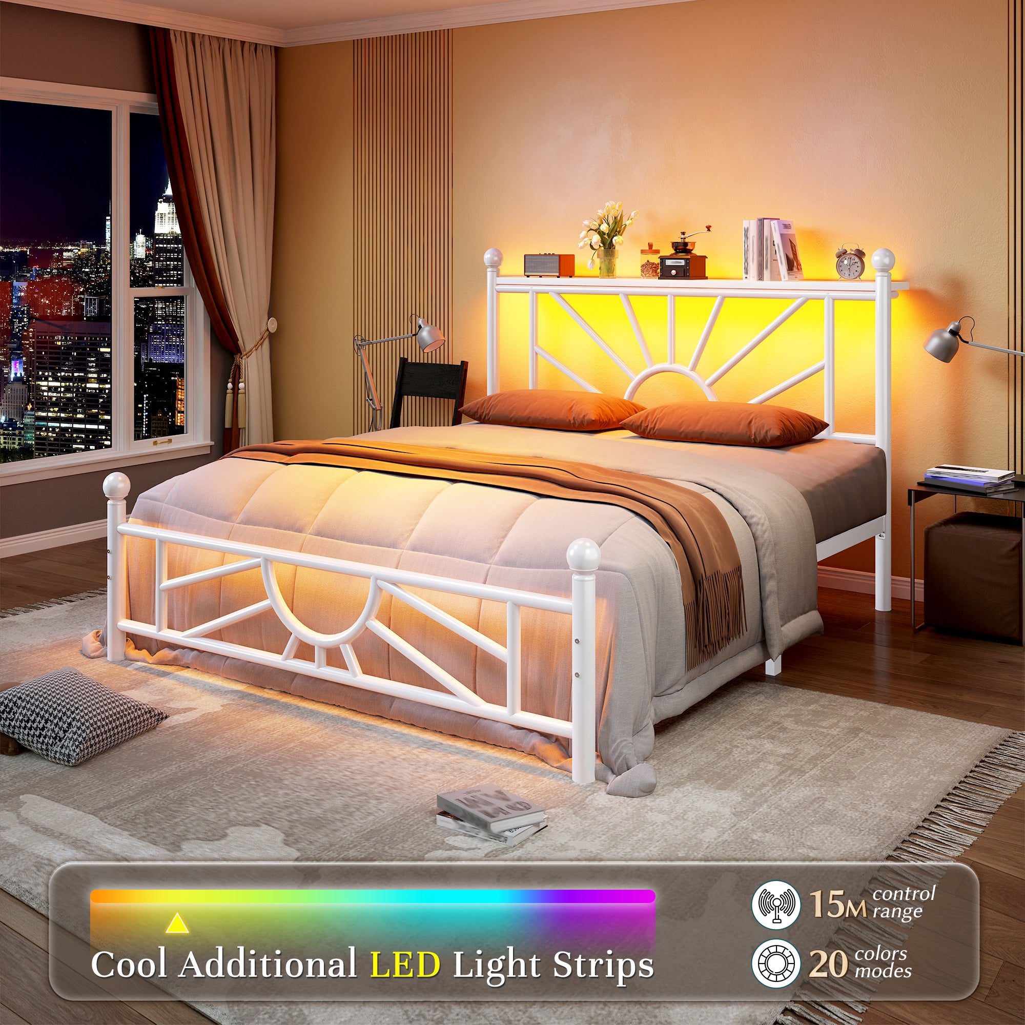 Snhomee Metal Bed Frame with LED Lights Under Headboard&Footboard - 1300LBS Capacity, Underbed Storage, No Box Spring Needed, Noise-Free Design, Back to School Beds Best Choice