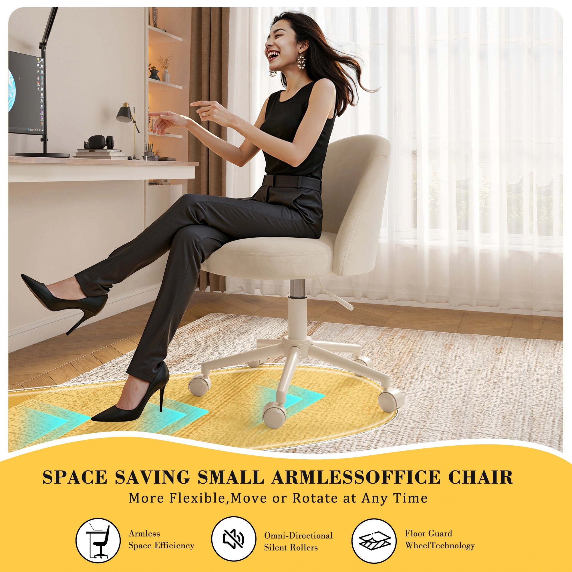 Snhomee Velvet Vanity Chair with Back and Wheels – Adjustable Armless Desk Chair for Bedroom, Office & Vanity