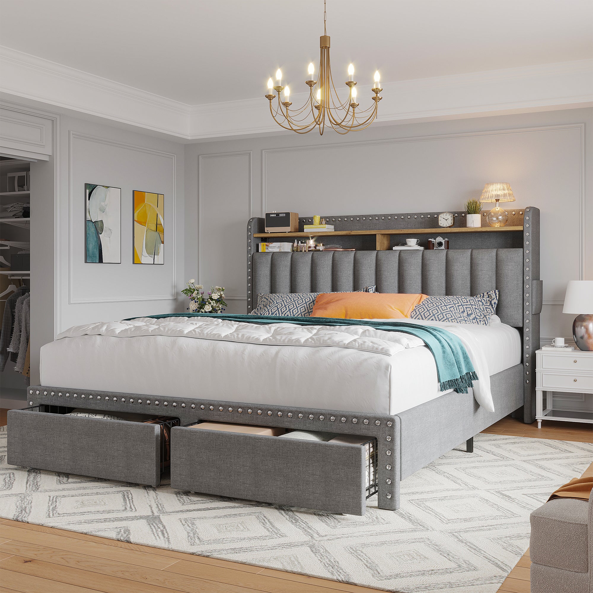 Metal Bed Frame with 2 Storage Drawers & Headboard - 900LBS Capacity, No Noise Design, Padded Platform, No Box Spring Needed, Back to School Beds On Sale