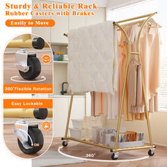 Double-Rod Clothing Rack with Wheels, Rust-Resistant Clothes Rack with Bottom Shelf & Curved Supports for Long Coats