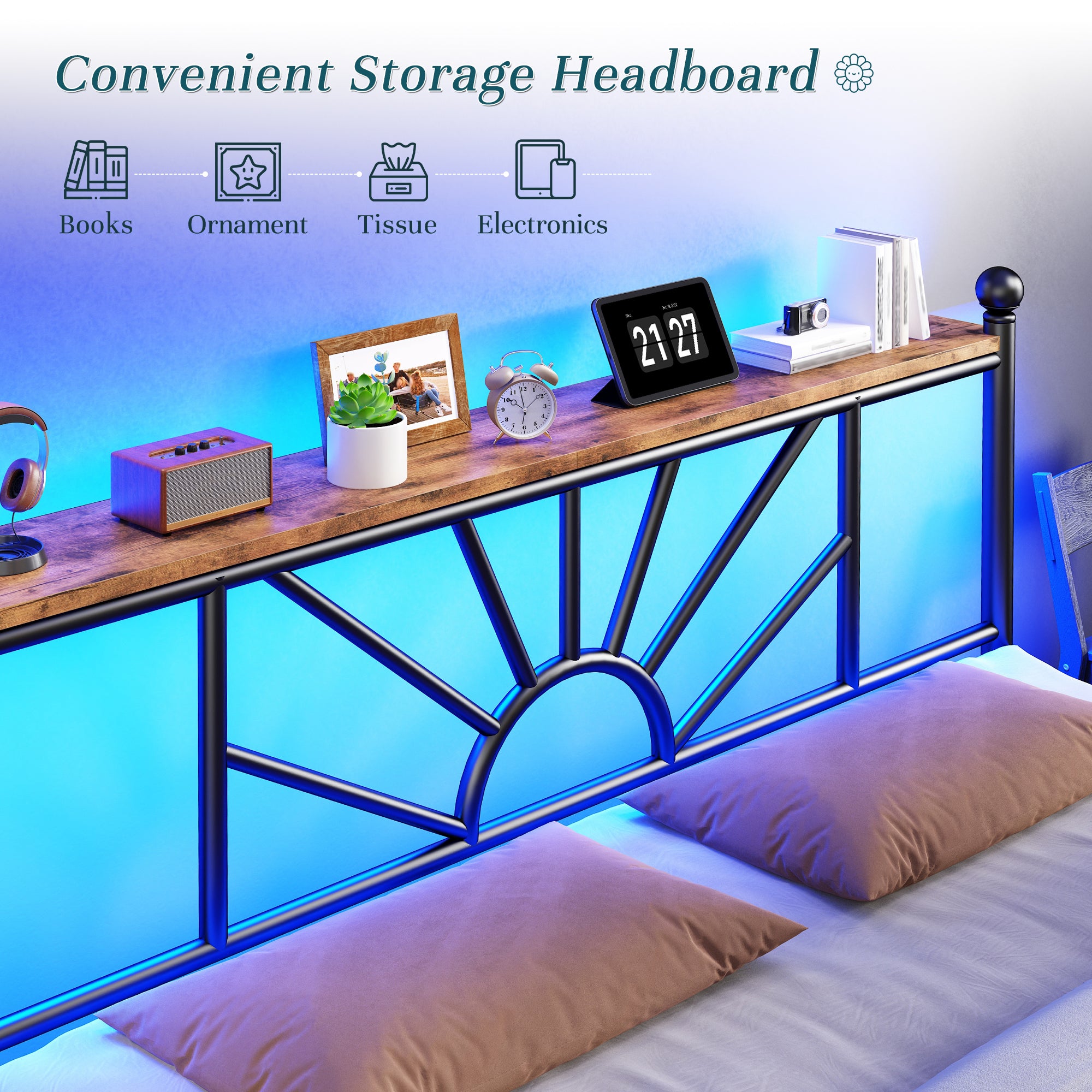 Snhomee Metal Bed Frame with LED Lights Under Headboard&Footboard - 1300LBS Capacity, Underbed Storage, No Box Spring Needed, Noise-Free Design, Back to School Beds Best Choice