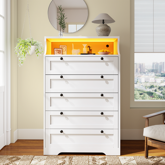 48.5" Tall Dresser with LED Lights & 5 Deep Drawers - Modern Bedroom Storage Cabinet, 16-Color RGB Lighting, Waterproof Surface& Open Shelf, for Bedroom, Living Room, Entryway 2000