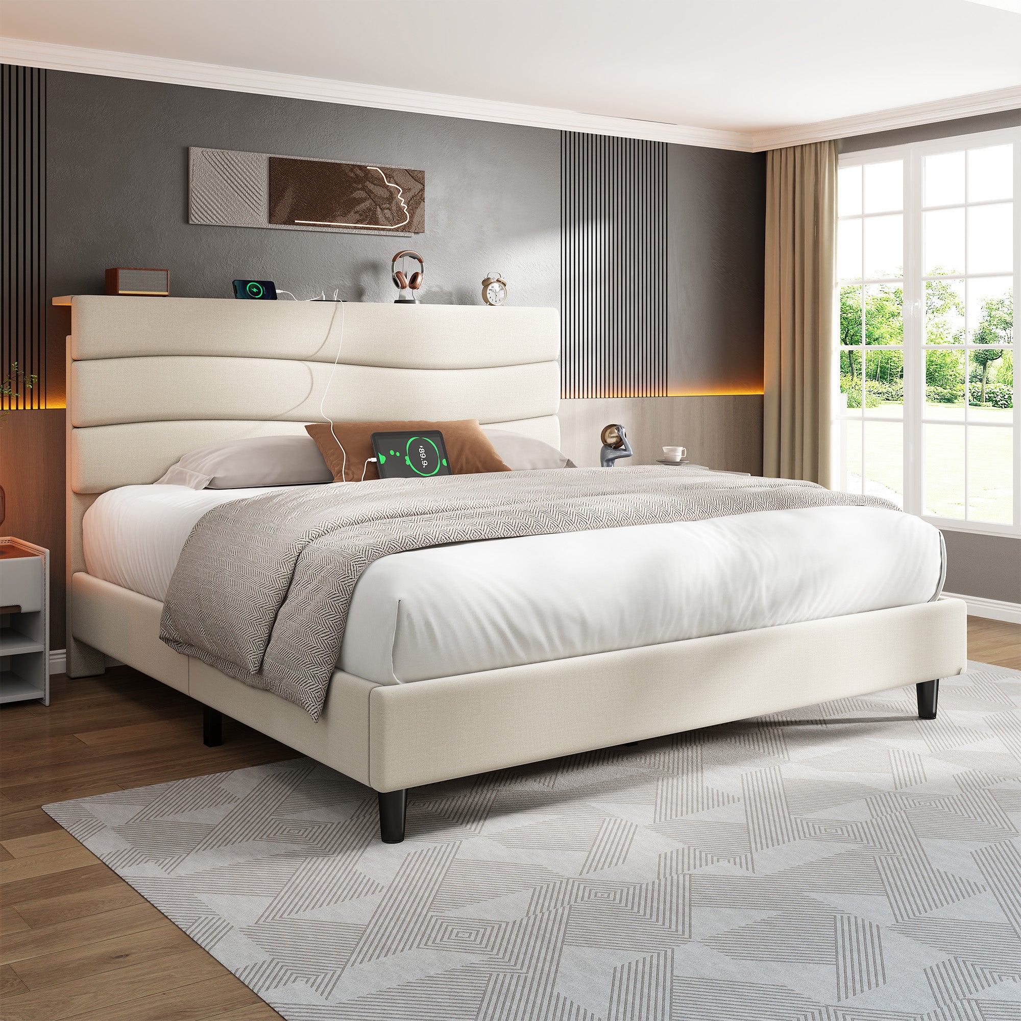 SnHomee Upholstered Bed Frame with Storage Headboard & Charging Station - USB Ports, Adjustable Fabric Headboard, Noise-Free Design, No Box Spring Needed, Back to School Beds On Sale