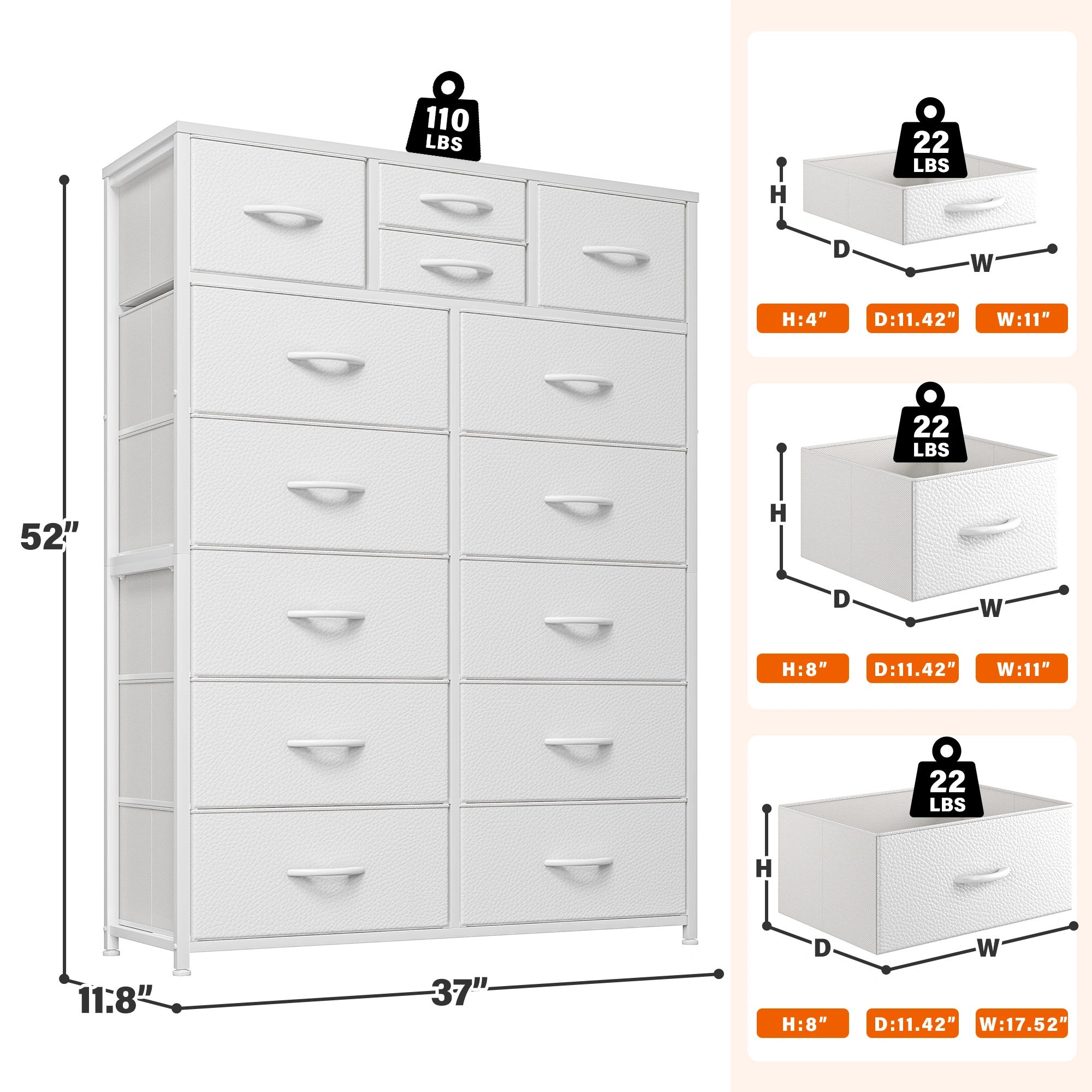Snhomee Dresser for Bedroom with 14 Drawers, Tall Dressers for Bedroom,  Sturdy Metal Frame & Wood, Top Large Fabric Chest of Drawers, Closet, Livingroom