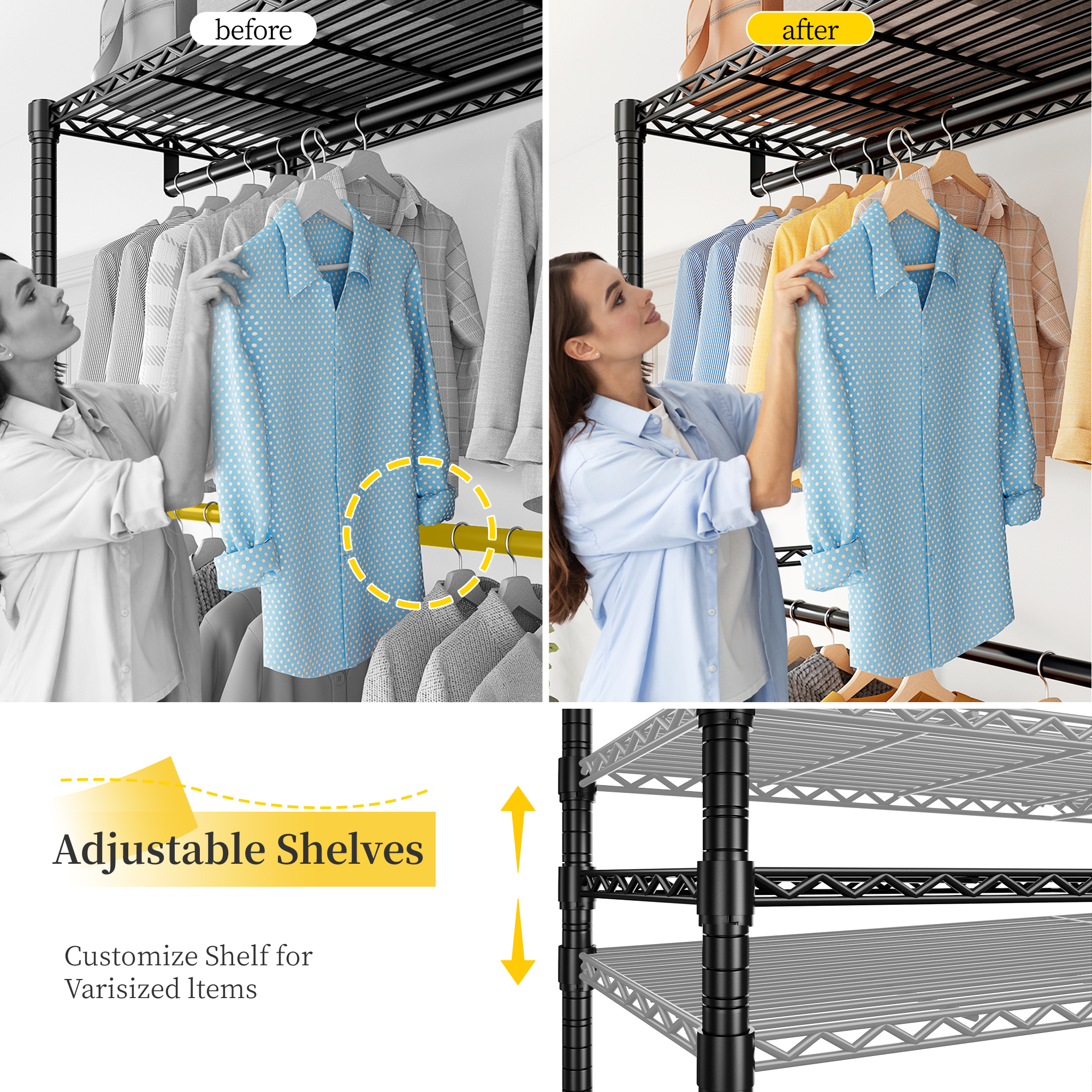 Snhomee 780lbs Heavy Duty Clothes Rack with Wheels, Freestanding Portable Closet, Rolling Garment Rack For Hanging-Home Storage > Clothes Rack-wheels-Black-snhomee