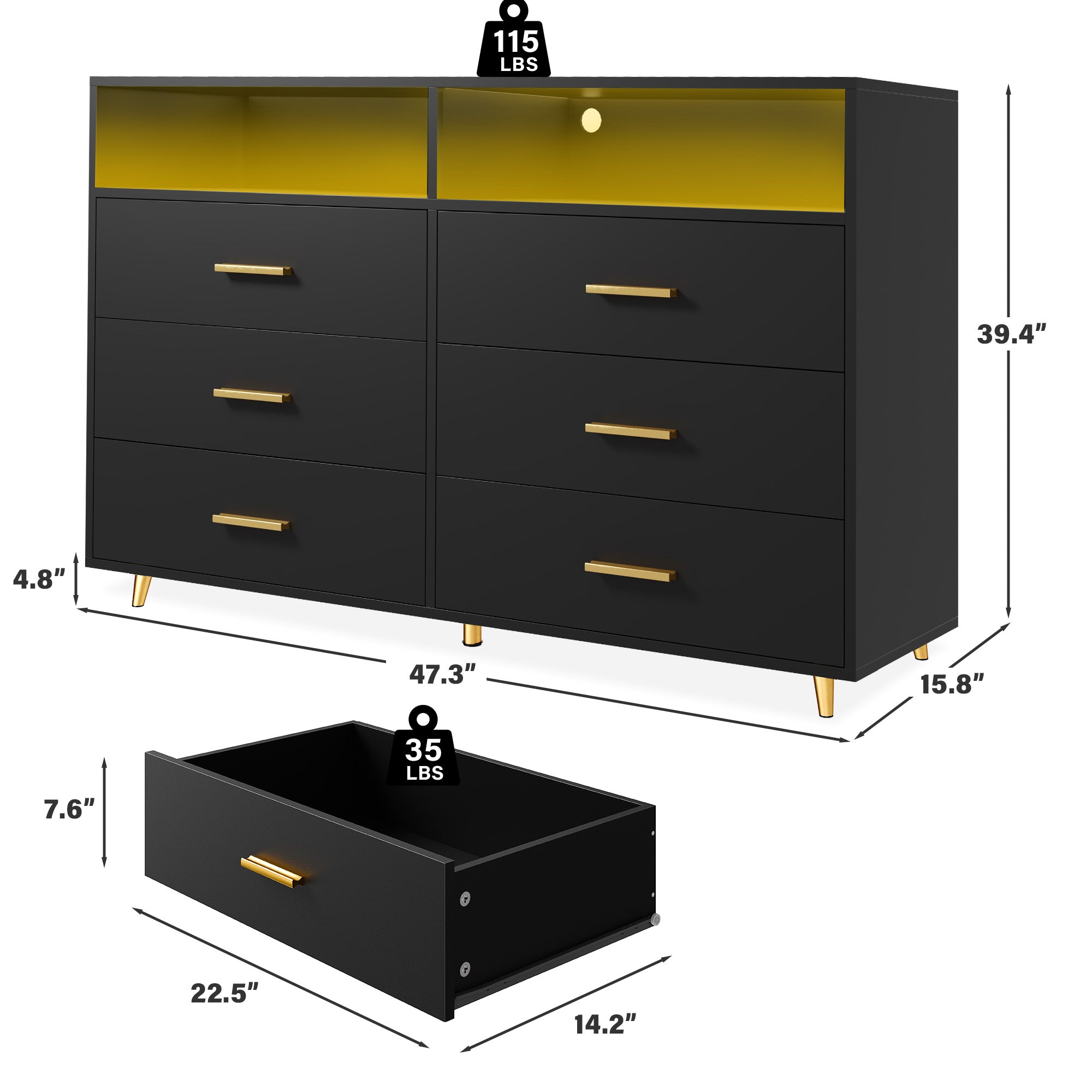 6 Drawers Dresser with LED Lights, Large TV Stand, 2 Open Shelves Top, 47"W Modern Chest with Anti-Tip Safety for Bedroom, Living Room & Small Spaces