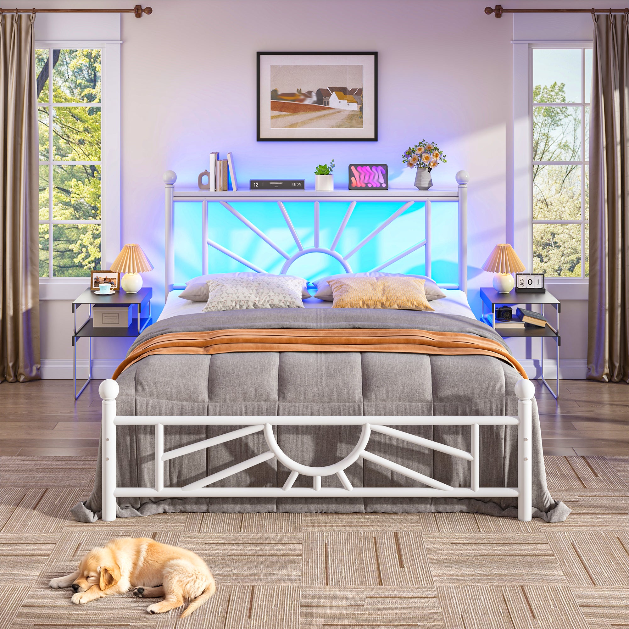 Snhomee Metal Bed Frame with LED Lights Under Headboard&Footboard - 1300LBS Capacity, Underbed Storage, No Box Spring Needed, Noise-Free Design, Back to School Beds Best Choice