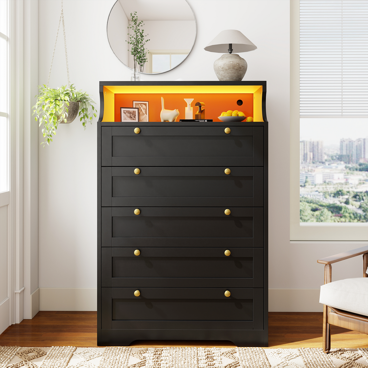48.5" Tall Dresser with LED Lights & 5 Deep Drawers - Modern Bedroom Storage Cabinet, 16-Color RGB Lighting, Waterproof Surface& Open Shelf, for Bedroom, Living Room, Entryway