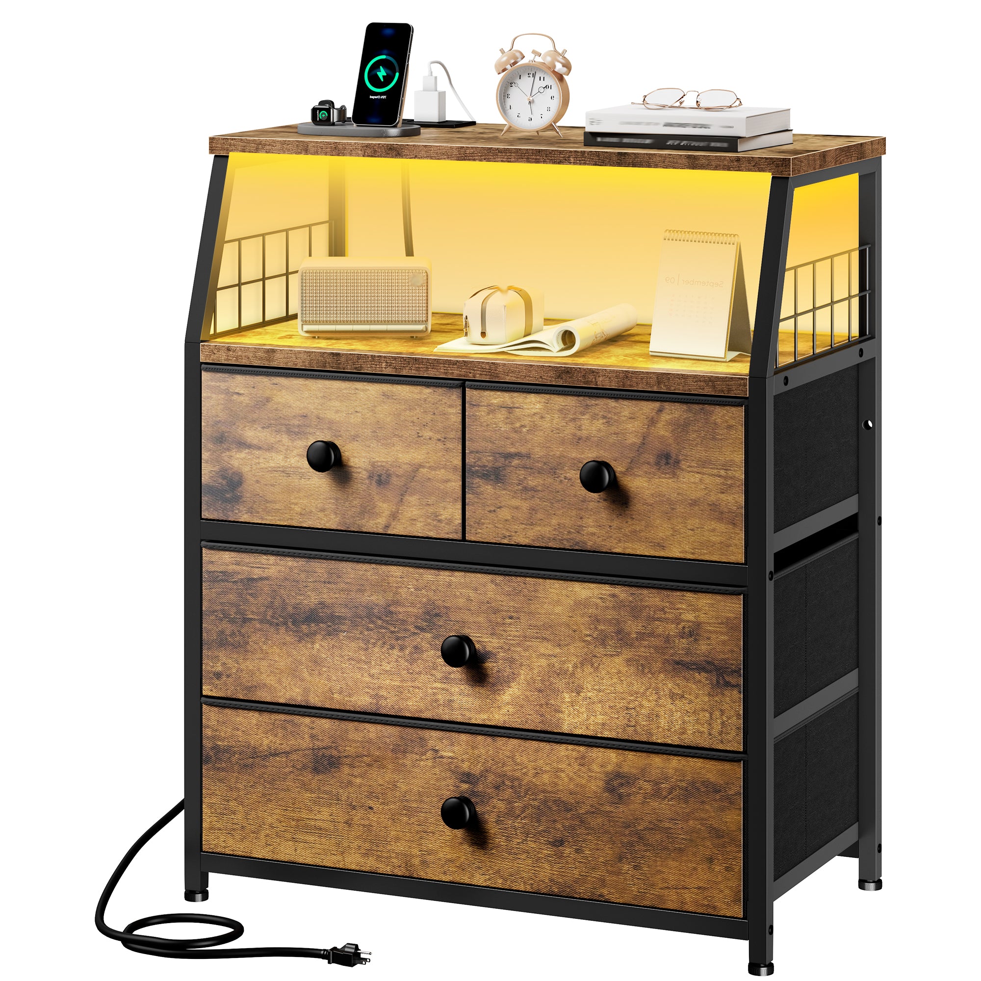 LED Nightstands with Charging Station: 4 Fabric Drawers, USB Ports & Outlets for Bedroom-Rustic Brown-1-snhomee