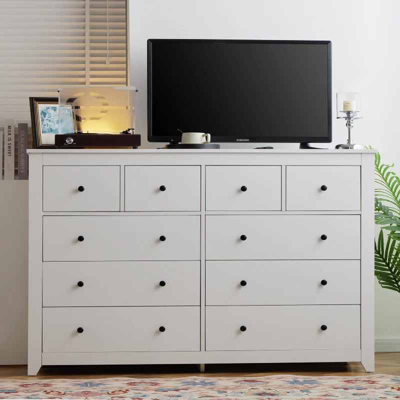 10 Drawers White Dresser 52" Wide Bedroom TV Stand Dresser for Hallway-Furniture > Dresser-Black-snhomee