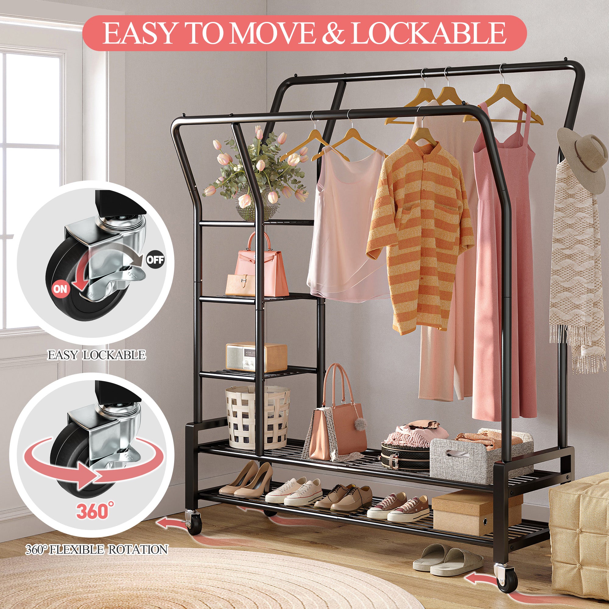 Snhomee Portable Rolling Clothes Rack with Shelves,Clothes Hanging Rack with Wheels, For Commercial&Bedroom