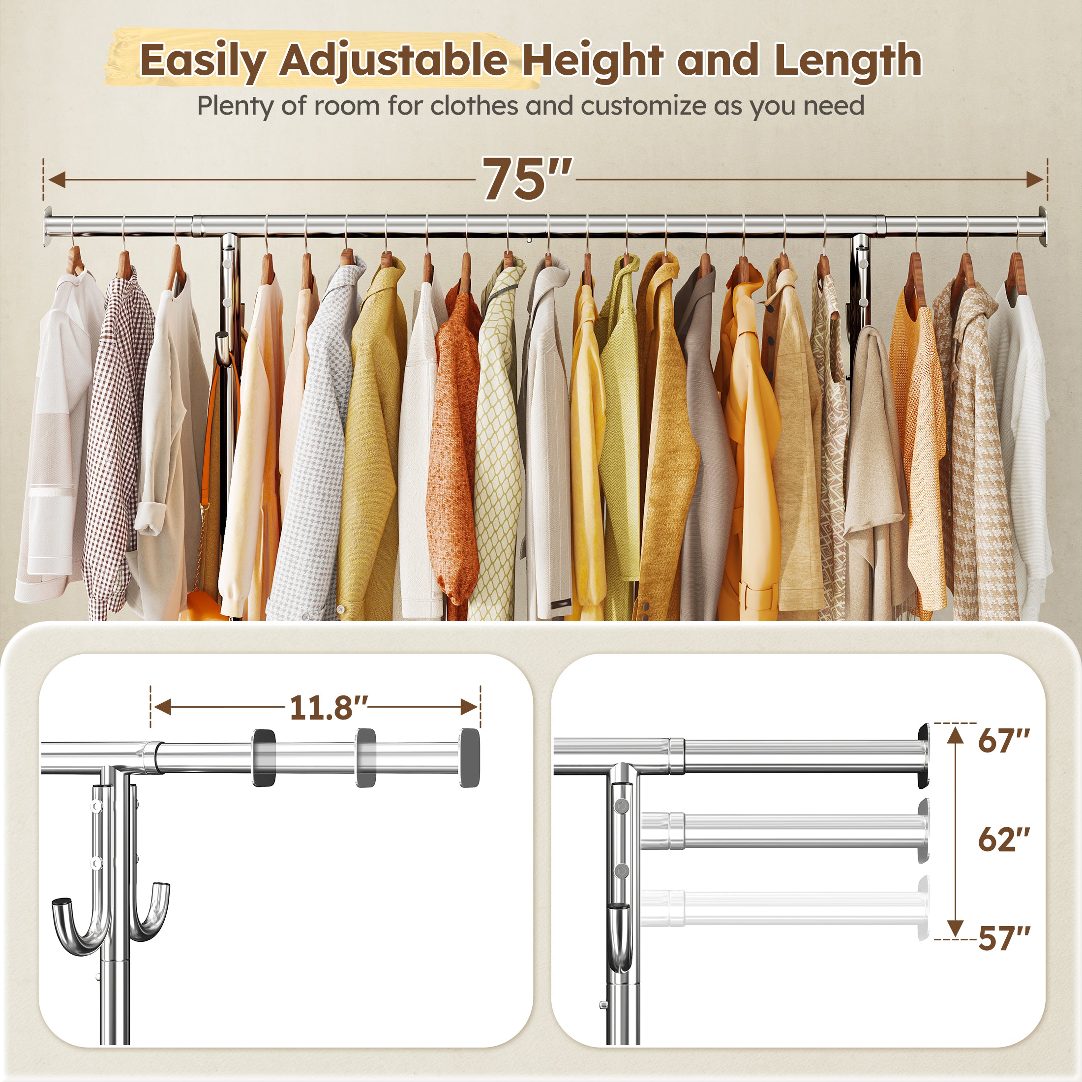 400LB Heavy Duty Rolling Clothes Rack | Adjustable Garment Rack with Wheels & Shelf | Portable Chrome Metal Frame for Commercial & Home Use-snhomee