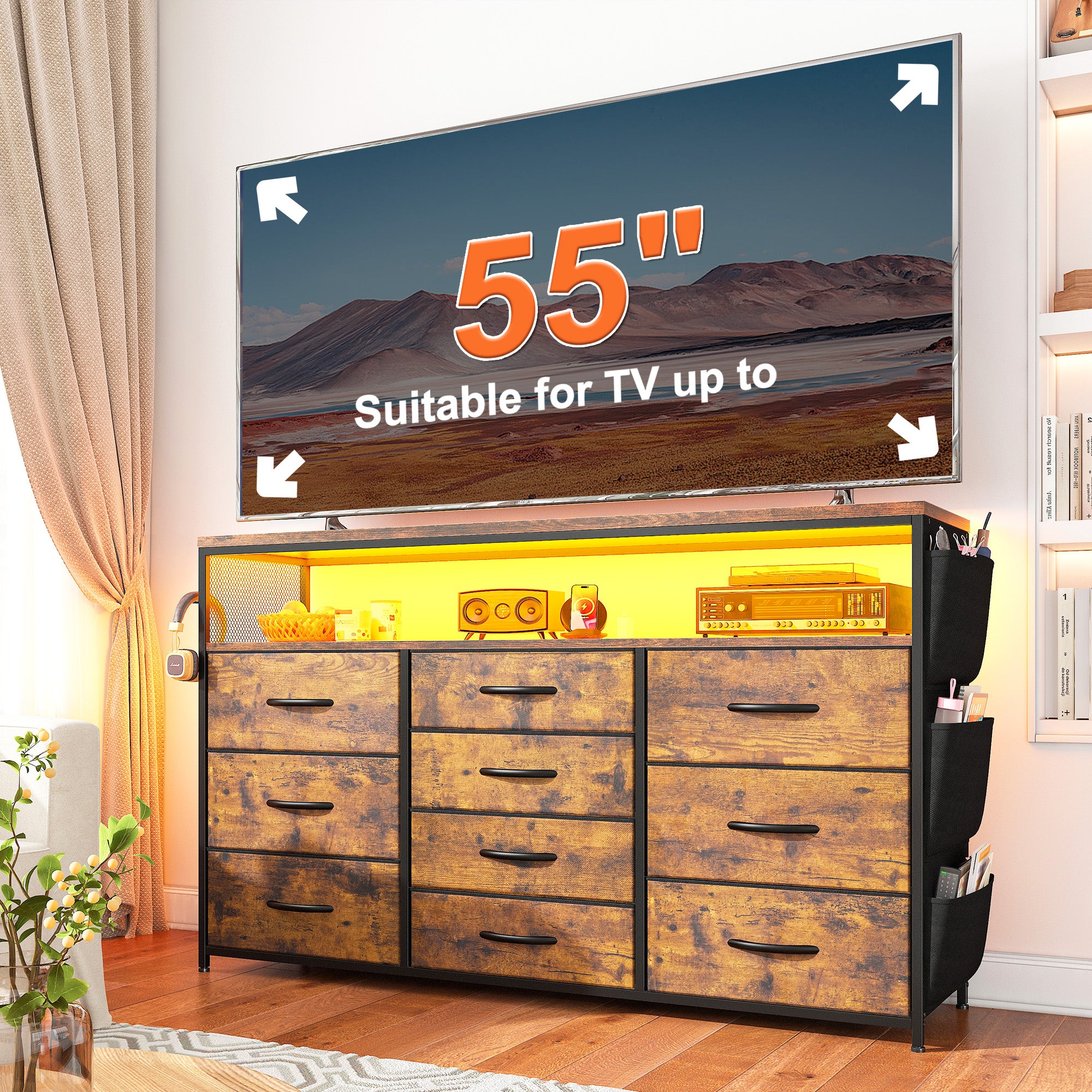 55" Smart TV Stand & Dresser | 10-Drawer Storage with LED Lights & Outlets | Metal/Wood Frame-Black-snhomee