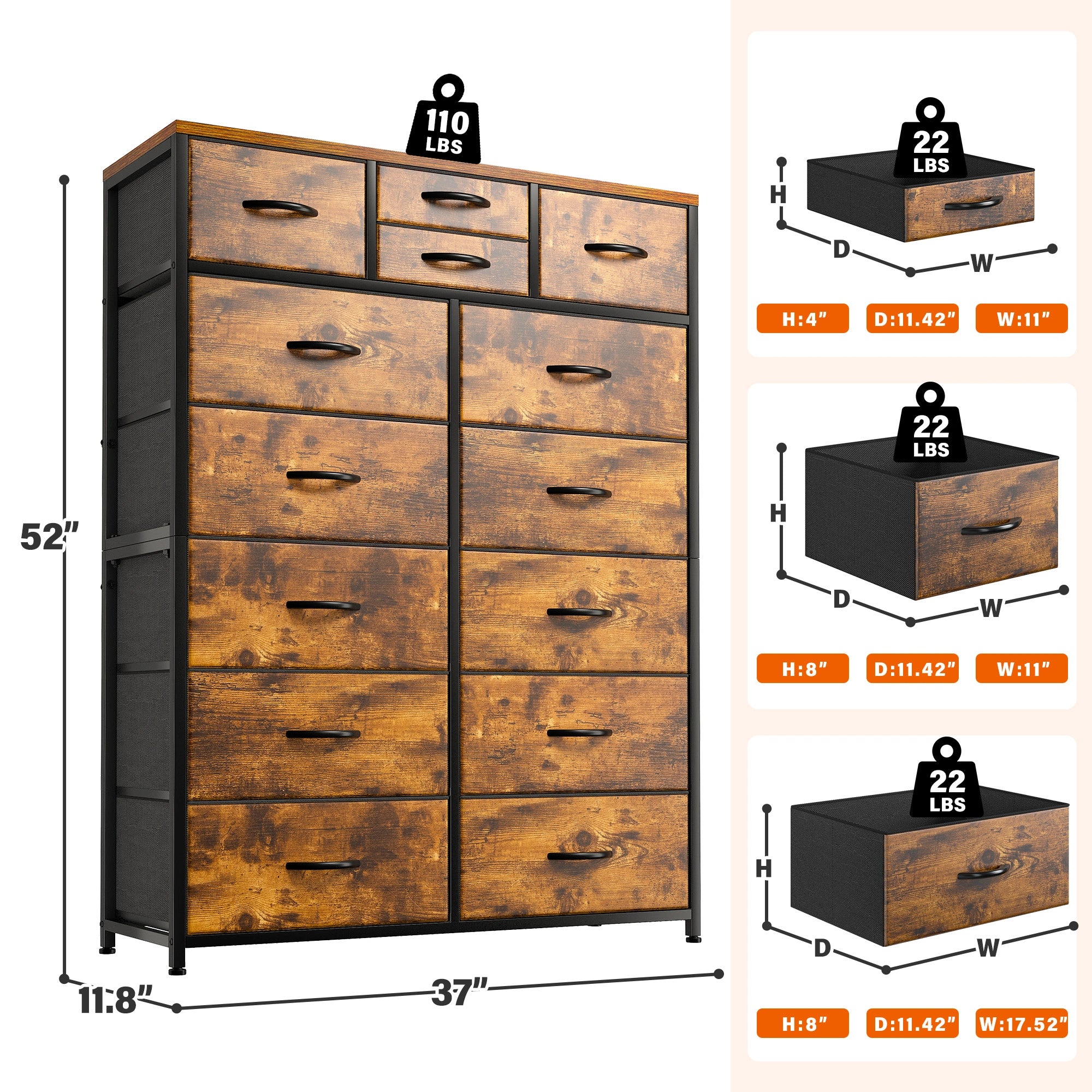 Snhomee Dresser for Bedroom with 14 Drawers, Tall Dressers for Bedroom,  Sturdy Metal Frame & Wood, Top Large Fabric Chest of Drawers, Closet, Livingroom